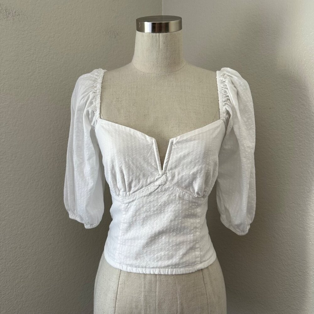 Abercrombie & Fitch Cotton Sweetheart Ruched Puffy 3/4 Sleeve Minimalist White S